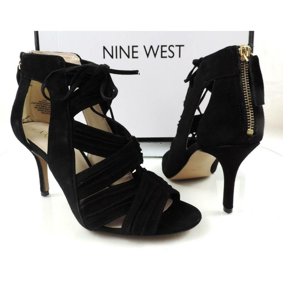 Nine West Shoes - Nine West GALAXY Peep-Toe Lace-up Mid Heel Sandals Back Zip Suede Black Size 7.5